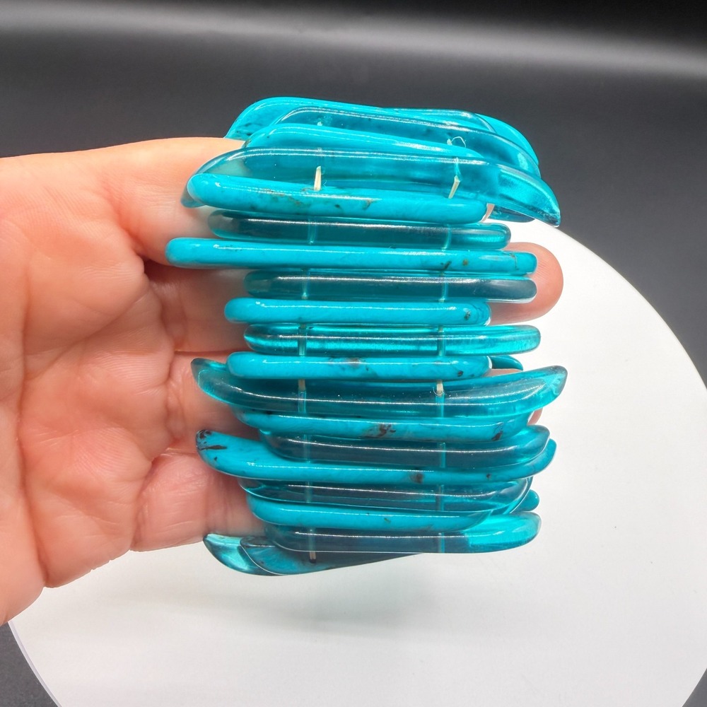 Turquoise Tone Blue Stretch Bracelet Chunky Wide Cuff Boho Statement Jewelry